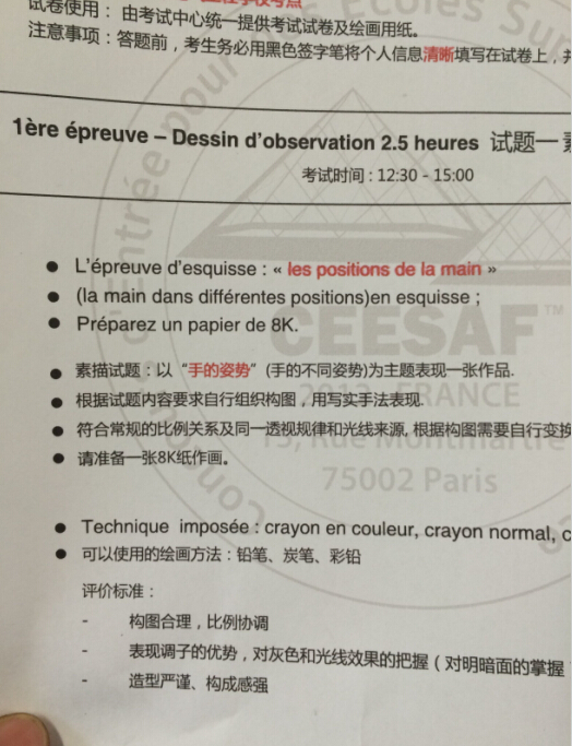  法國(guó)藝術(shù)類(lèi)院校2015年美術(shù)類(lèi)聯(lián)考考試題目（北京考點(diǎn)）